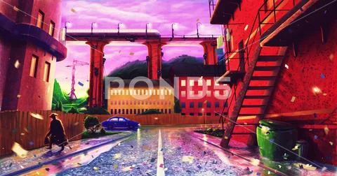 Futuristic urban landscape background by digital painting art, outdoor city Stock Illustration