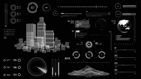 Futuristic urban navigation user interface with city HUD elements. Stock Footage 126965191