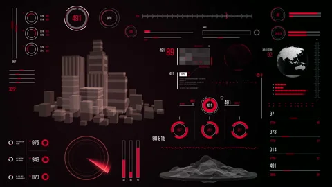 Futuristic urban navigation user interface with city HUD elements. Stock Footage 126965196