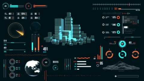 Futuristic urban navigation user interface with city HUD elements. Stock Footage 126965261