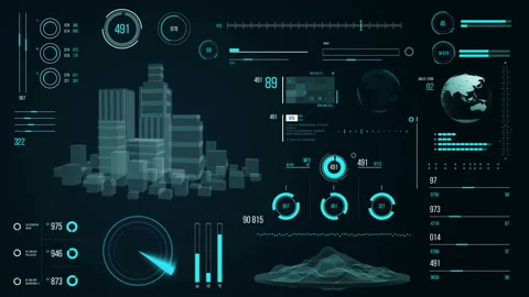 Futuristic urban navigation user interface with city HUD elements. Stock Footage 126965316