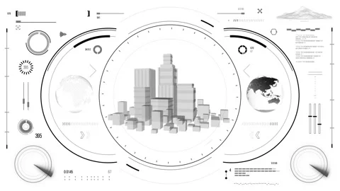 Futuristic urban navigation user interface with city HUD elements. Stock Footage 126965653