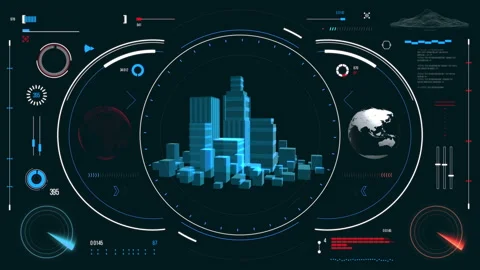 Futuristic urban navigation user interface with city HUD elements. Stock Footage 126965654