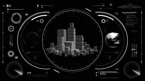 Futuristic urban navigation user interface with city HUD elements. Stock Footage 126965835