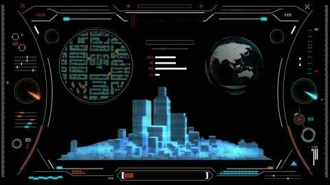 Futuristic urban navigation user interface with city HUD elements. Stock Footage 126965975