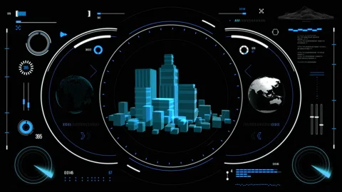 Futuristic urban navigation user interface with city HUD elements. Stock Footage 126965981
