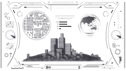 Futuristic urban navigation user interface with city HUD elements. Stock Footage 126966108