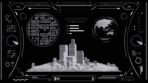 Futuristic urban navigation user interface with city HUD elements. Stock Footage 126966115