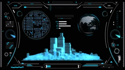 Futuristic urban navigation user interface with city HUD elements. Stock Footage 126966210