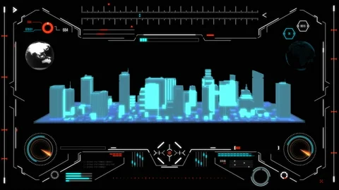 Futuristic urban navigation user interface with city HUD elements. Stock Footage 126966281