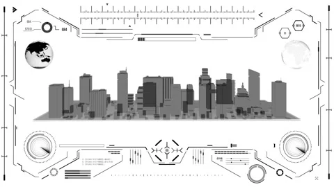 Futuristic urban navigation user interface with city HUD elements. Stock Footage 126966336