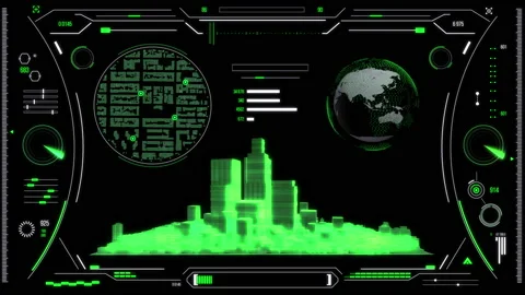 Futuristic urban navigation user interface with city HUD elements. Stock Footage 126966407