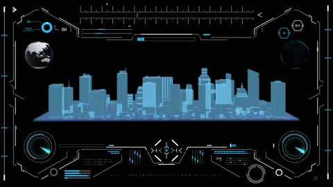 Futuristic urban navigation user interface with city HUD elements. Stock Footage 126966538