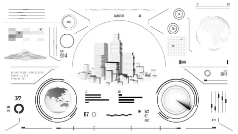 Futuristic urban navigation user interface with city HUD elements. Stock Footage 126966635