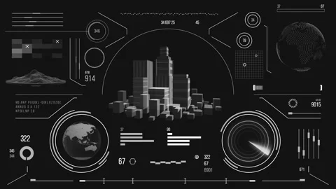 Futuristic urban navigation user interface with city HUD elements. Stock Footage 126966693