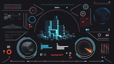Futuristic urban navigation user interface with city HUD elements. Stock Footage 126966770