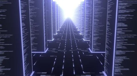 Futuristic urban street with program code on the buildings, digital city smart Illustrazione stock