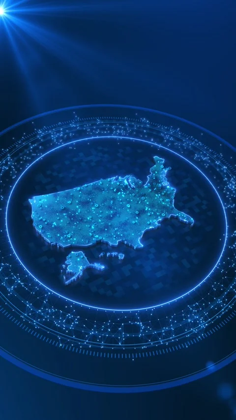 Futuristic USA Digital Network Map with Circular HUD Interface Stock Footage 342617540