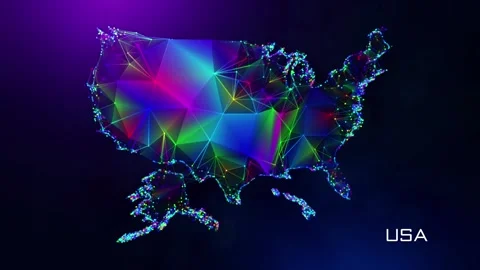 Futuristic USA Map Polygonal Blue Purple Colorful Connected Lines Dots Wireframe Video stock 256077415