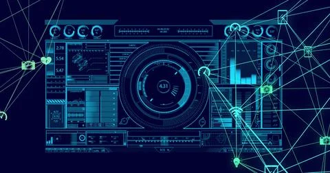 Futuristic user interface with data processing and network connections image Stockillustratie