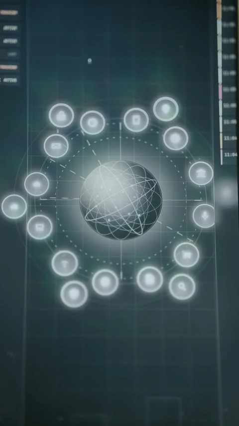 Futuristic user interface design with a glowing sphere surrounded by concentric Stock Footage 333855458