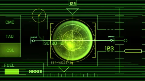 Futuristic User Interface Display with Radar Digital Indicators Stockbeeldmateriaal 310951899