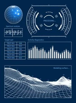 Futuristic user interface HUD tech elements for game creation or footage overlay Illustrazione stock