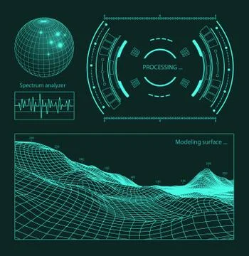 Futuristic user interface HUD tech elements for game creation or footage overlay Illustrazione stock