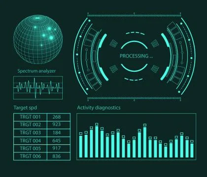 Futuristic user interface HUD tech elements for game creation or footage overlay Illustrazione stock
