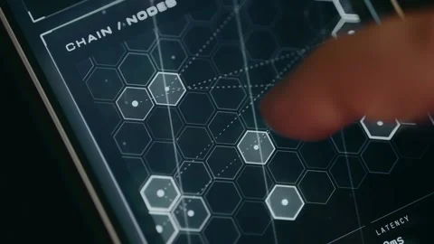 Futuristic user interface illustrating a blockchain network diagram Vídeos de archivo 333839960