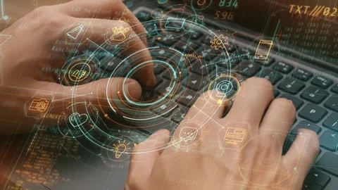 Futuristic User Interface Over Hands Typing on Keyboard Video stock 310450469