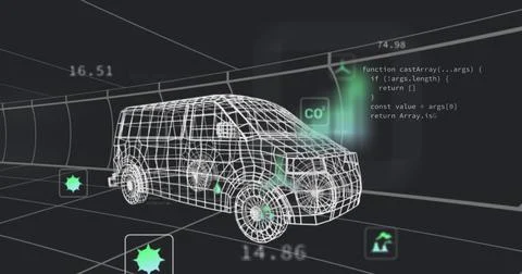 Futuristic van design with digital interface displaying code and environmental Stock-Fotos