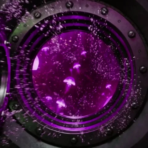 Futuristic Vault Door Opening to Glowing Underwater Tunnel with Jellyfish Stock Footage 336009847