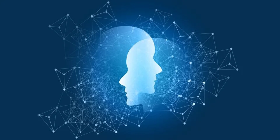 Futuristic vector illustration of two glowing white humanoid robot head sil.. Stock Illustration