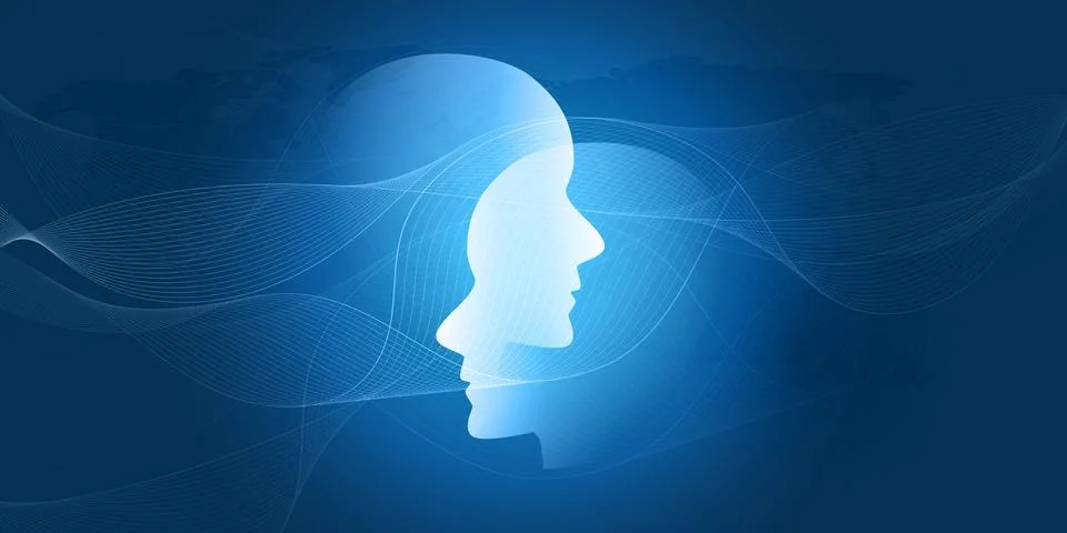 Futuristic vector illustration of two glowing white humanoid robot head sil.. 스톡 일러스트