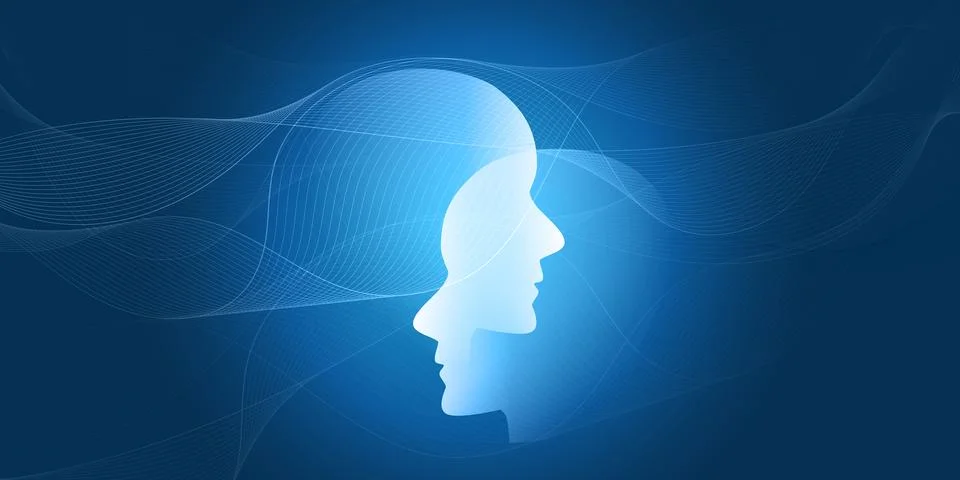 Futuristic vector illustration of two glowing white humanoid robot head sil.. 스톡 일러스트