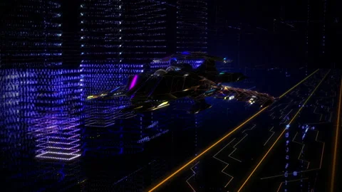 Futuristic Vehicle Flying Over Digital Road On black backdrop In Artificial City Stock Footage 224548825