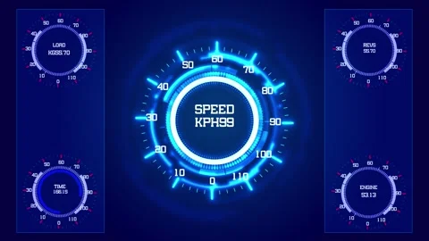Futuristic vehicle gauge interface bright blue speed dial, side meters, numeric Stock Footage 340567943