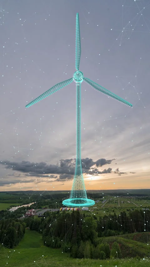 Futuristic Vertical 4K Time-Lapse with Holographic Wind Turbine at Sunset Stock Footage 311078093