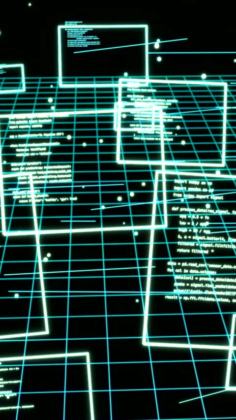 Futuristic Vertical Video of Floating Programming Code Windows in Digital Grid 스톡 동영상 334940875