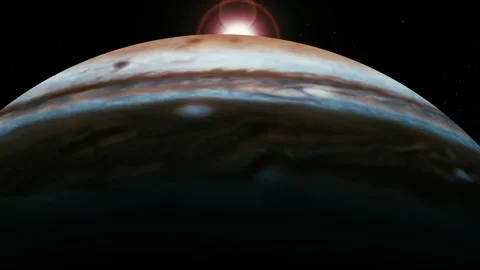 Futuristic view of a giant planet in space with a glowing red sun rising be.. Stock Footage 340389072