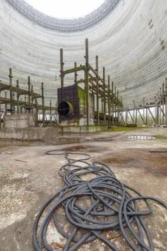 Futuristic view inside of cooling tower of unfinished Chernobyl nuclear power Stock Photos