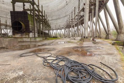Futuristic view inside of cooling tower of unfinished Chernobyl nuclear power Stock Photos