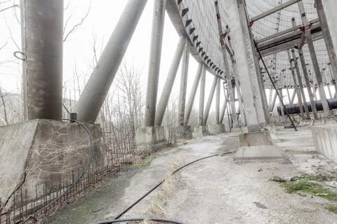 Futuristic view inside of cooling tower of unfinished Chernobyl nuclear power Stock Photos