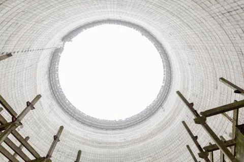 Futuristic view inside of cooling tower of unfinished Chernobyl nuclear power Stock Photos