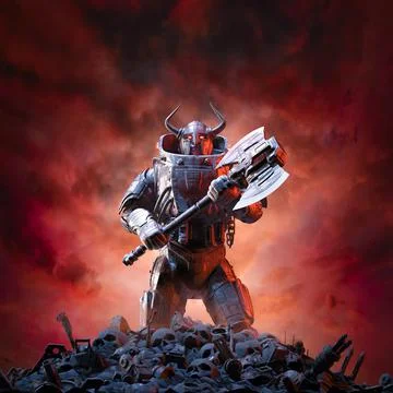 Futuristic viking with axe Illustrazione stock