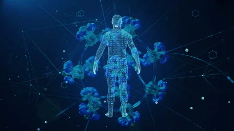 Futuristic Virtual Body Surrounded by Digital Networks and Blue Molecular S.. Stock Footage 339052045