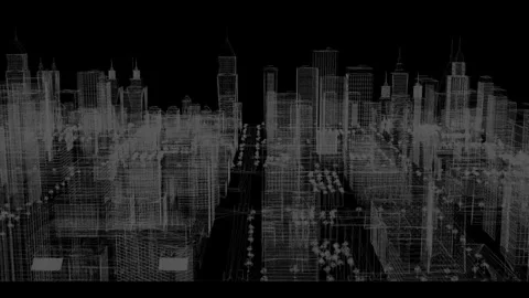 Futuristic Virtual Cityscape in Intricate Wireframe Design at Night 動画素材 341778642