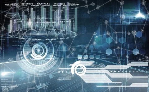 Futuristic virtual interface is displaying 3D bar charts and circular HUD Illustrazione stock