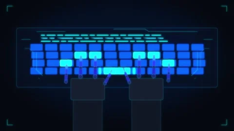 Futuristic virtual keyboard typing animation with glowing keys and HUD elements Stock Footage 347250963